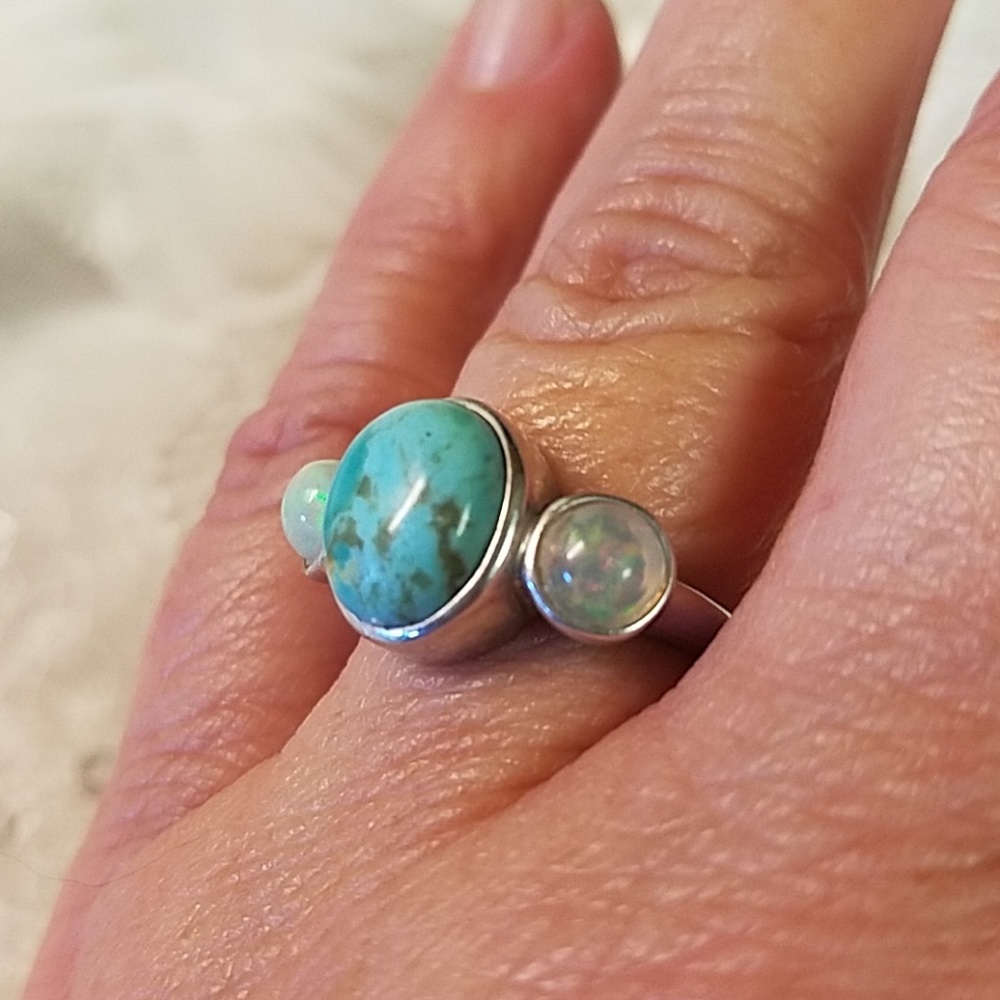 Turquoise and Opal Sterling Silver Ring
